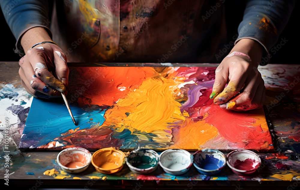 Obraz premium An artist is mixing colors for a painting, using a colorful palette.