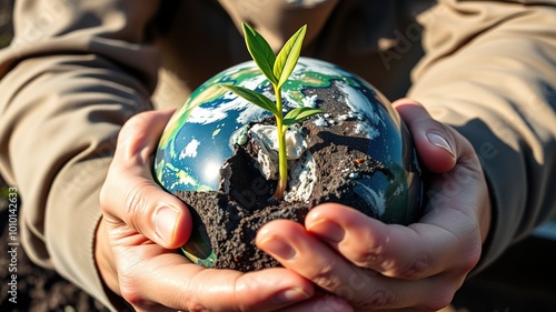 A gentle, green-stemmed sprout emerges from a crack in the Earth's surface, as a gardener's hands cradle the globe, symbolizing conservation efforts for a thriving planet's future. photo