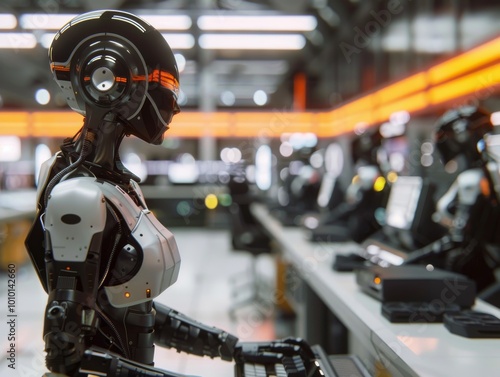 AI powered robot performing PPC optimization on Google campaign at a computer terminal 