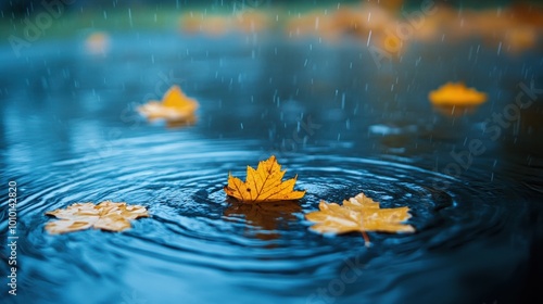 Colorful fall leaves in pond lake water, floating autumn leaf. Fall season leaves in rain puddle. Sunny autumn day foliage. October weather, november nature background