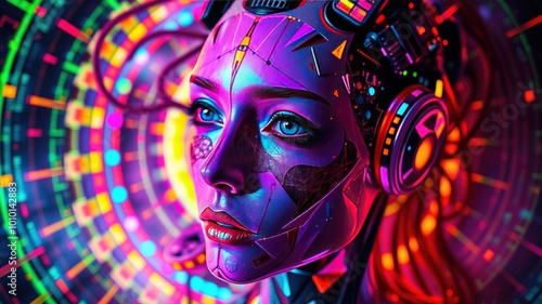 A futuristic portrait of a humanoid figure, altered by vibrant digital interference, features a distorted face amidst a kaleidoscope of colors, creating a mesmerizing cyber art environment. photo