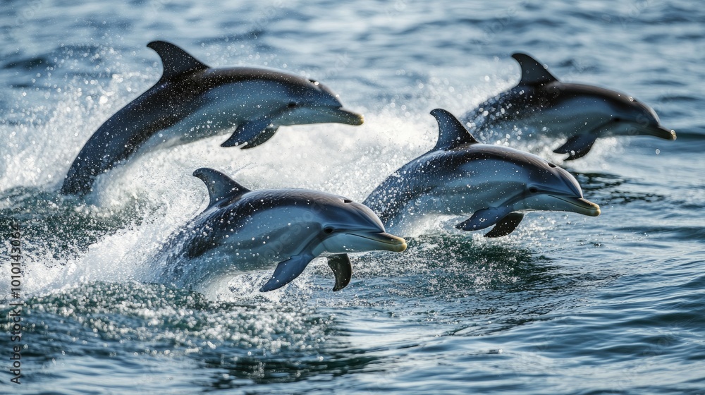 Fototapeta premium Playful Dolphins Jumping in Crystal Clear Water