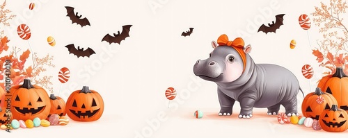 Cute cartoon hippo wearing a bow, surrounded by pumpkins and bats, perfect for Halloween themes and decorations. photo