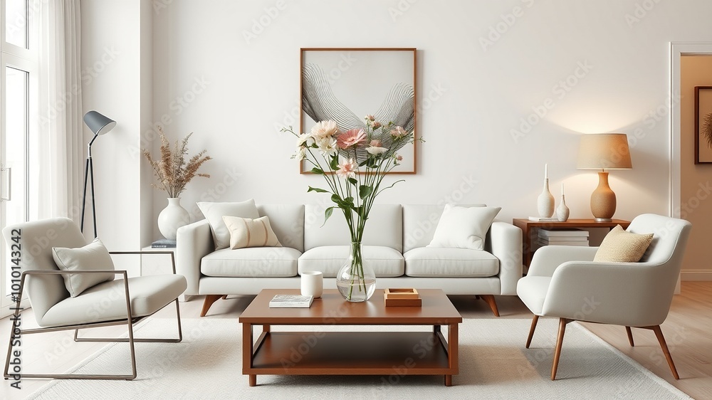 A minimalist Scandinavian-inspired living room features a sleek sofa, coffee table, and accent chair arranged around a vase with fresh flowers, A minimalist Scandinavian-inspired living room features a sleek sofa, coffee table, and accent chair arranged around a vase with fresh flowers,