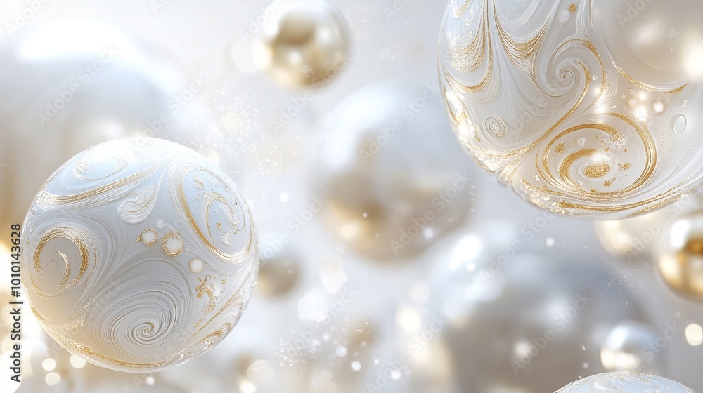 Merry Christmas and Happy New Year background. Realistic 3D design. Abstract Christmas glass transparent decorative white balls with swirling gold patterns. New Year's holiday objects. Merry Christmas and Happy New Year background. Realistic 3D design. Abstract Christmas glass transparent decorative white balls with swirling gold patterns. New Year's holiday objects.