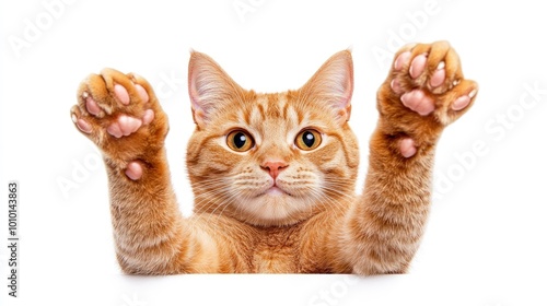 Ginger Cat Reaching Paws Up with Curious Expression photo