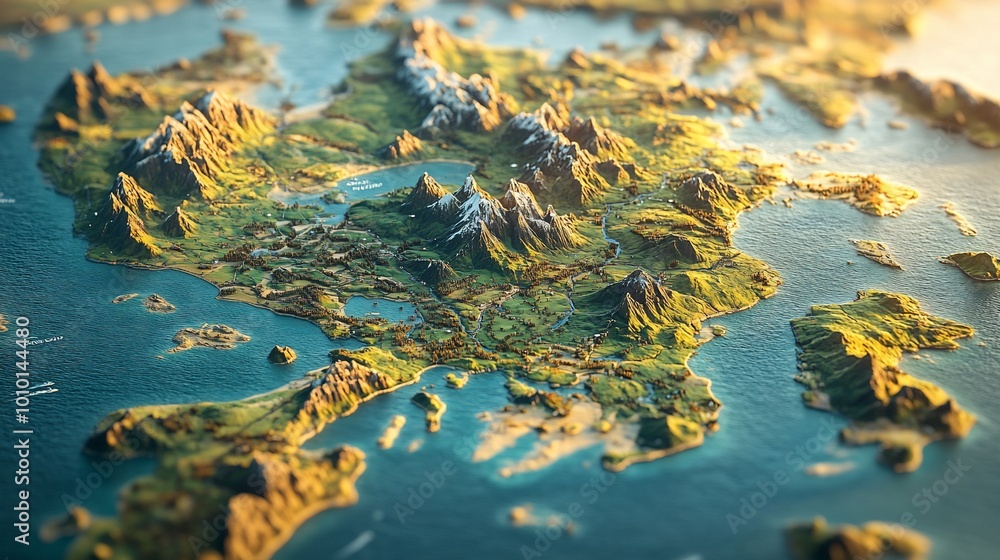 A 3D rendered image of a mountainous island surrounded by water. A 3D rendered image of a mountainous island surrounded by water.