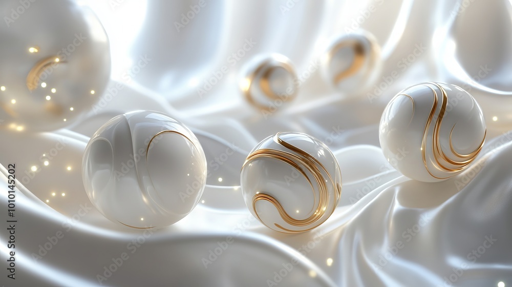 Merry Christmas and Happy New Year background. Realistic 3D design. Abstract Christmas glass transparent decorative white balls with swirling gold patterns. New Year's holiday objects. Merry Christmas and Happy New Year background. Realistic 3D design. Abstract Christmas glass transparent decorative white balls with swirling gold patterns. New Year's holiday objects.