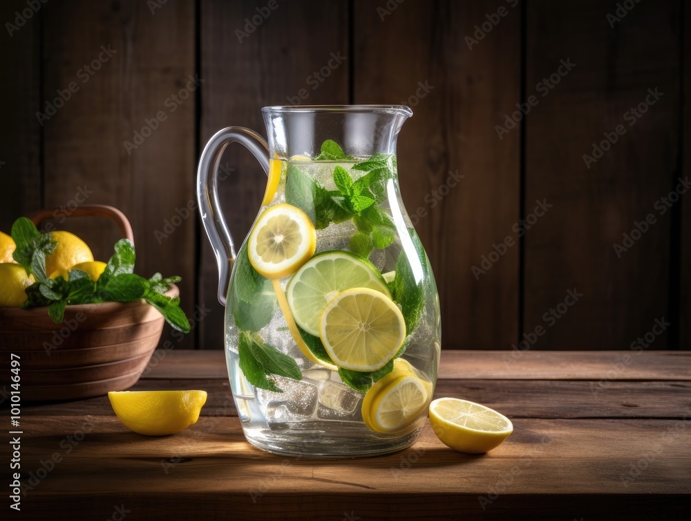 Glass Pitcher of Refreshing Lemon and Mint Infused Water Glass Pitcher of Refreshing Lemon and Mint Infused Water
