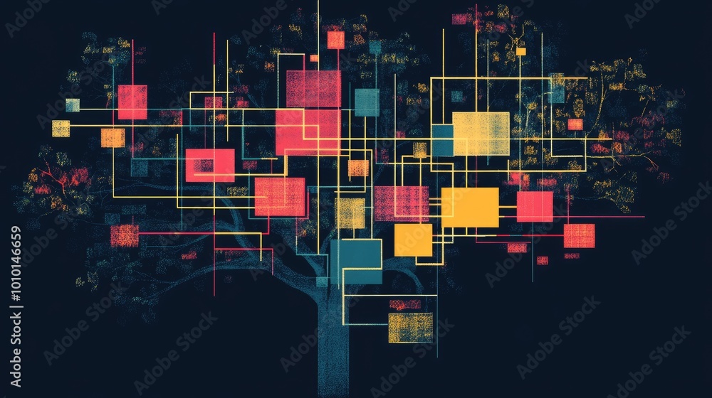Digital Tree with Colorful Blocks and Lines Digital Tree with Colorful Blocks and Lines
