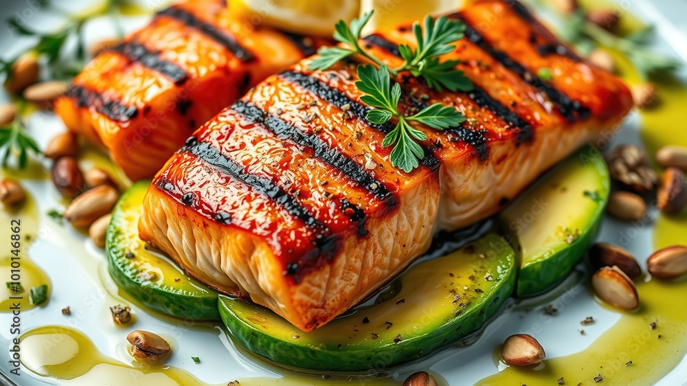 Richly colored pieces of grilled salmon rest atop a bed of vibrant green avocado slices, surrounded by a drizzle of golden oil, a scattering of toasted nuts, and fresh herbs. Richly colored pieces of grilled salmon rest atop a bed of vibrant green avocado slices, surrounded by a drizzle of golden oil, a scattering of toasted nuts, and fresh herbs.