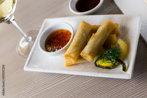 japanise dish harumaki with vegetables served and ready to eat photo