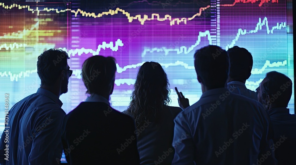 Obraz premium Silhouettes of Business Professionals Analyzing a Stock Market Chart on a Large Screen