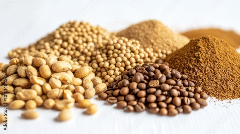 A variety of spices and coffee beans arranged on a surface, showcasing their textures and colors. A variety of spices and coffee beans arranged on a surface, showcasing their textures and colors.