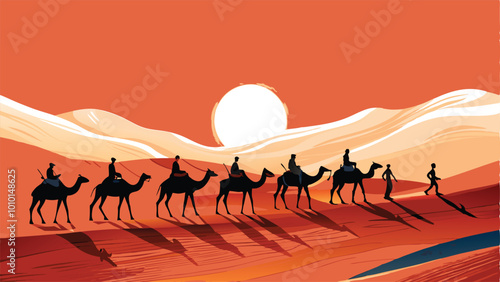 Silhouette of delivery workers riding camels across a desert landscape.