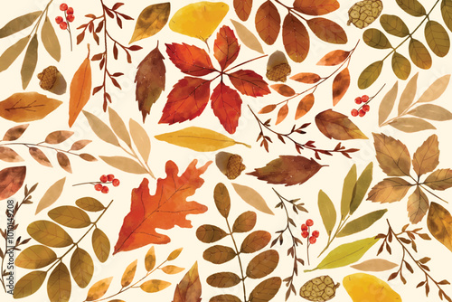 Watercolor autumn leaves pattern. Autumn foliage watercolor collection set, fall leaves, maple leaf, acorns, berries, spruce branch. Forest design elements illustration