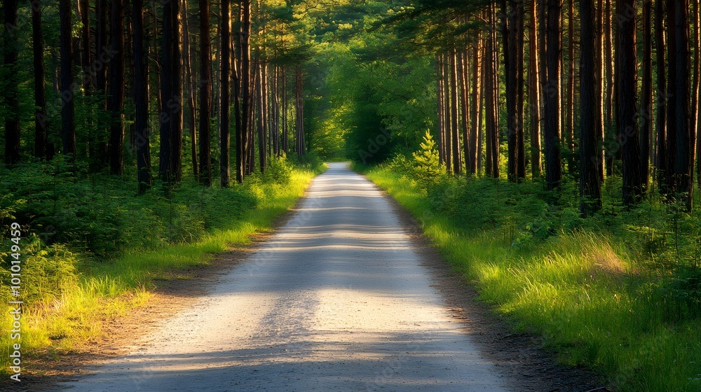 A well-worn gravel road passing through a peaceful pine forest with vibrant greenery on either side A well-worn gravel road passing through a peaceful pine forest with vibrant greenery on either side