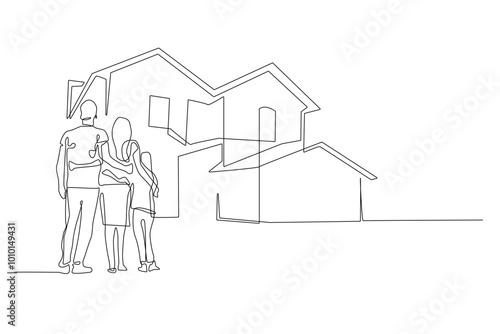 continuous line of the family's dream house. one line drawing of the family looking at the dream house. the family hugging looking at the dream house in the line drawing