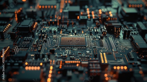 Close-up of a Circuit Board with a Central Processor and Glowing Components