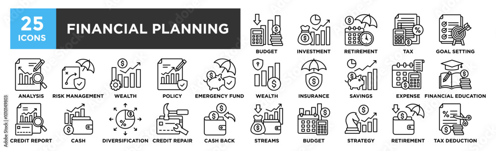 Financial Planning icon collection set. Containing design financial, investment, business, finance, planning Financial Planning icon collection set. Containing design financial, investment, business, finance, planning