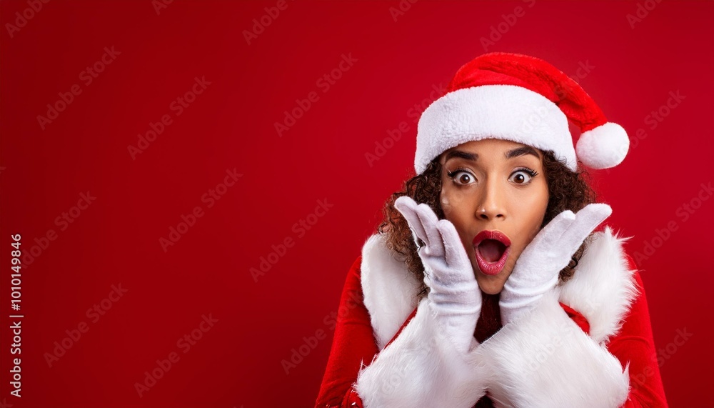 Surprise discount: Santa Claus with open mouth on a red background. A surprised man in a Christmas costume makes a funny face, isolated on a banner with copy space Surprise discount: Santa Claus with open mouth on a red background. A surprised man in a Christmas costume makes a funny face, isolated on a banner with copy space