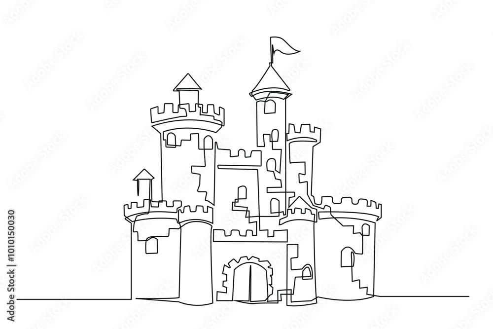 one continuous line drawing of castle.one line drawing of castle fantasy world story.single line vector illustration of castle icon.isolated white background one continuous line drawing of castle.one line drawing of castle fantasy world story.single line vector illustration of castle icon.isolated white background