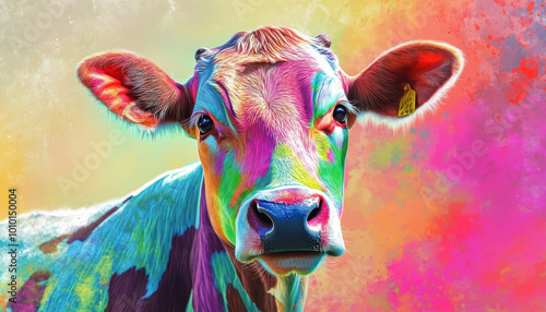 Vibrant and colorful cow portrait featuring a kaleidoscope of hues, capturing attention with its striking rainbow palette against a vivid background.