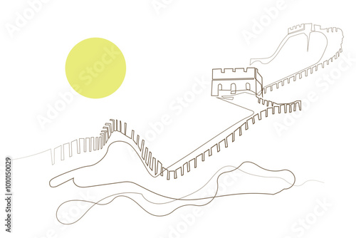 abstract line background of the Great Wall of China. Holiday background with elements of the Great Wall of China drawn in one line. Line art of the Great Wall of China for holidays, posters and others