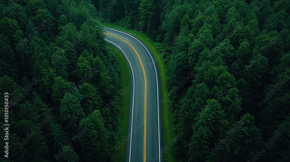 Fototapeta premium Winding Road Through Lush Green Forest Aerial View