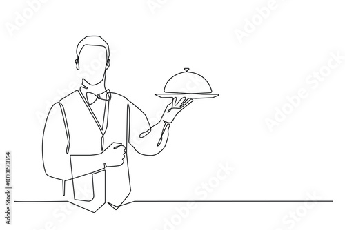 continuous line of waiters carrying food.single line of waiters carrying trays of food.male waiter bringing food to customers one line drawing