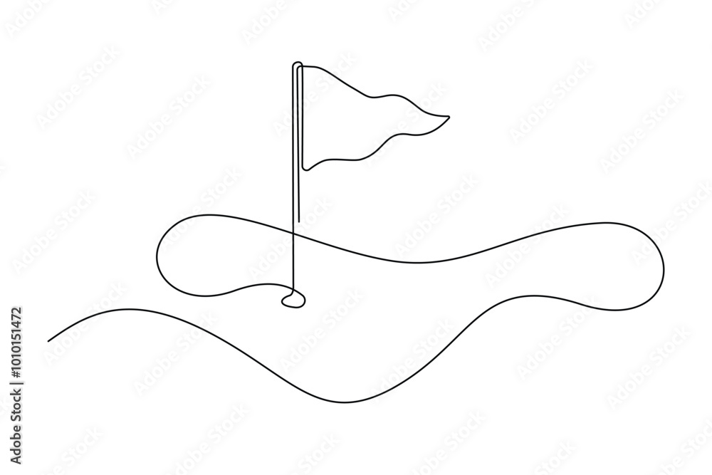 Obraz premium continuous line vector golf course.single line vector golf course, flag and hole.golf course icon drawn in one line