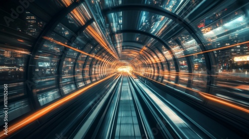 Futuristic tunnel with bright light at the end  fast motion effect.