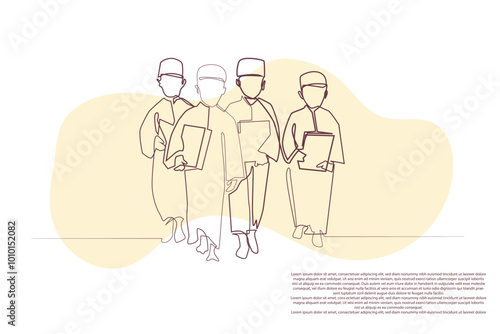 line art vector of children reciting the Koran. single line vector of children carrying the al-Quran. children reciting the Islamic religion in line drawing