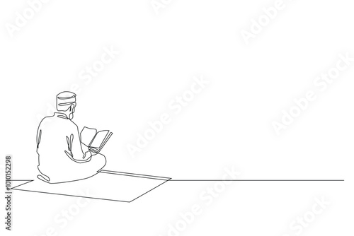 one continuous line drawing of Muslims reciting the Koran. one line drawing of man in traditional Islamic clothing reading the Koran on a carpet.Islamic line art.single line illustration