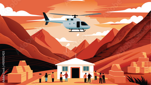 A vector illustration of a helicopter delivering supplies to a small building in a mountain valley.