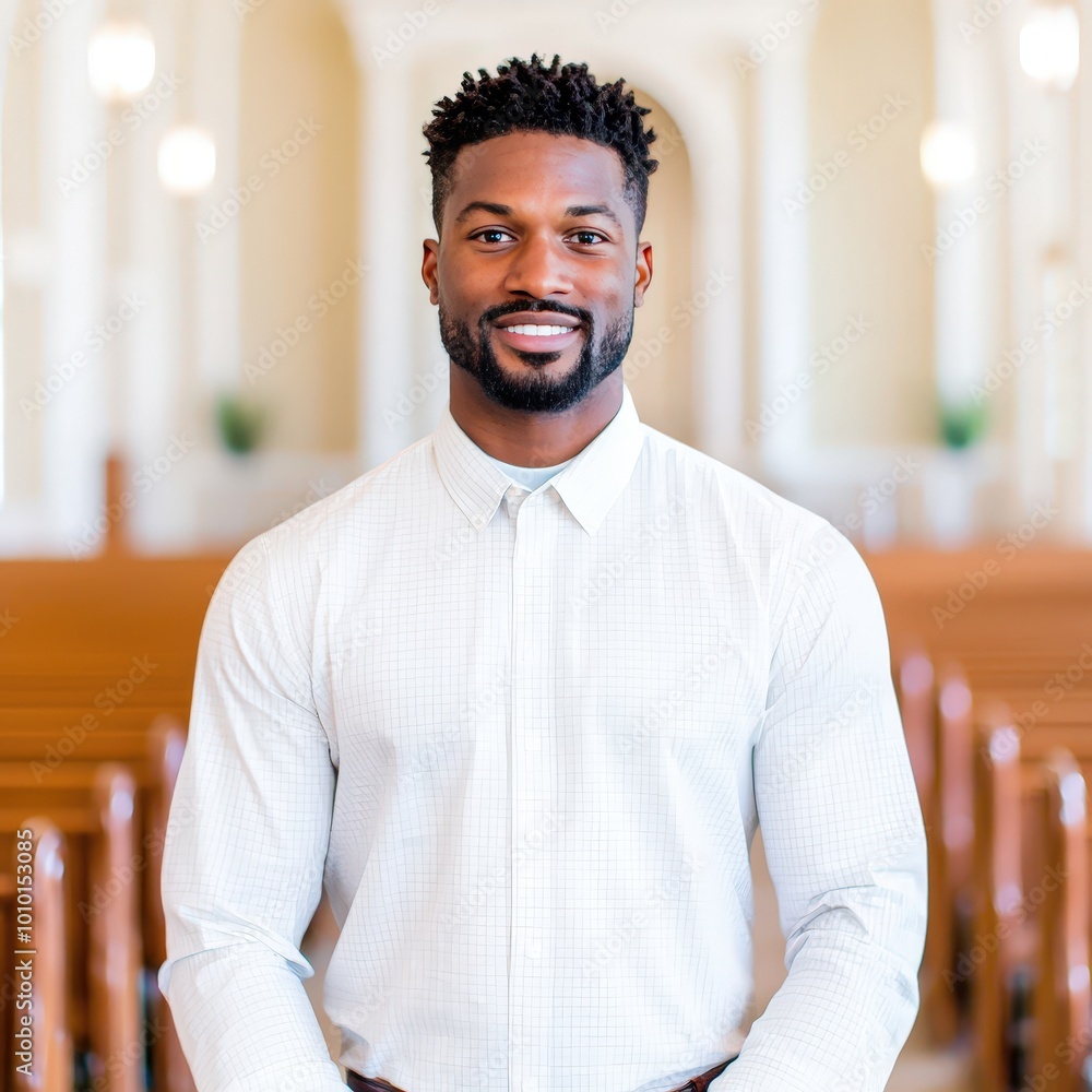 Obraz premium Portrait of a Smiling Man in Church with a White Shirt