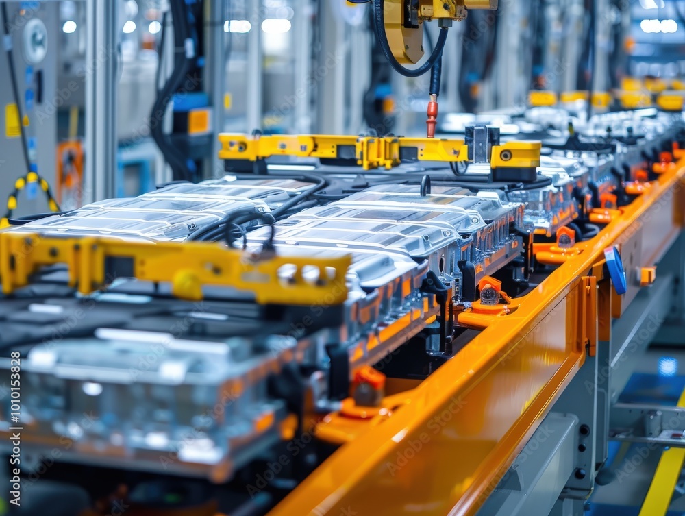 A conveyor belt with many orange batteries on it, generative ai image A conveyor belt with many orange batteries on it, generative ai image