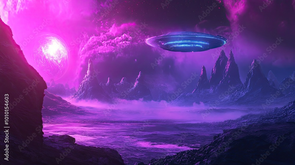 A UFO Soaring Over a Purple Alien Landscape A UFO Soaring Over a Purple Alien Landscape