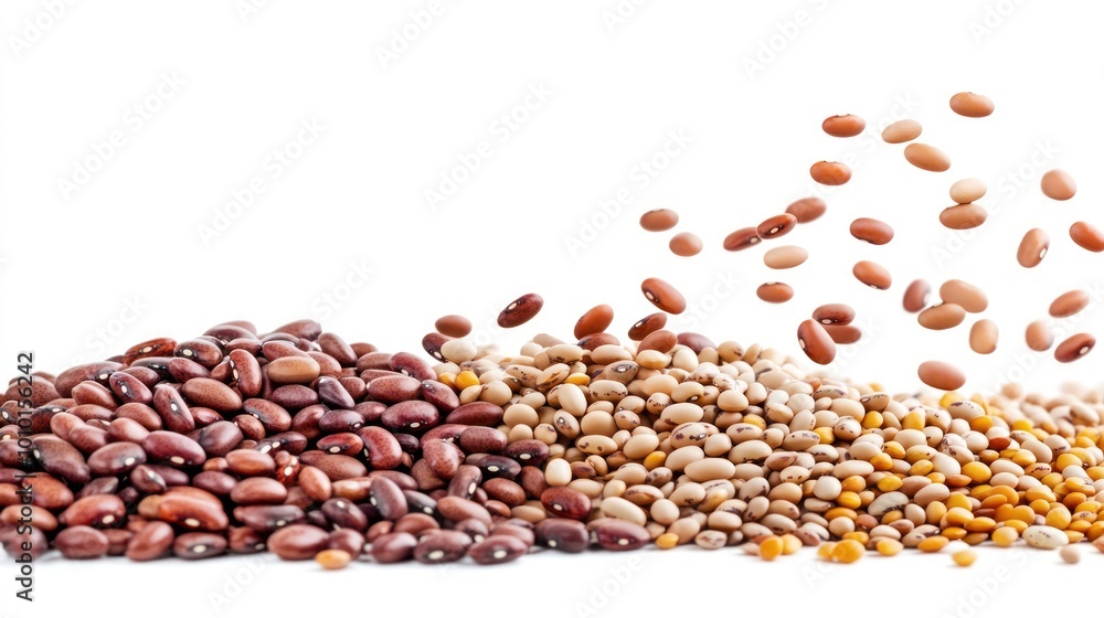 A variety of beans and seeds arranged with some spilling, showcasing their natural colors. A variety of beans and seeds arranged with some spilling, showcasing their natural colors.