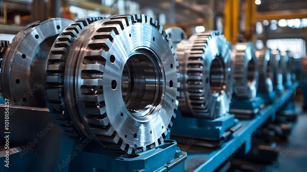 A man is working on a large machine with many gears. The man is wearing a blue shirt and gloves A man is working on a large machine with many gears. The man is wearing a blue shirt and gloves