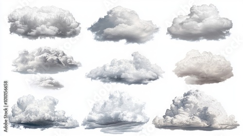 A collection of various cloud formations on a white background, showcasing different textures.