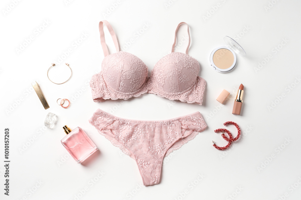 Beautiful lace lingerie and accessories on white background, flat lay Beautiful lace lingerie and accessories on white background, flat lay