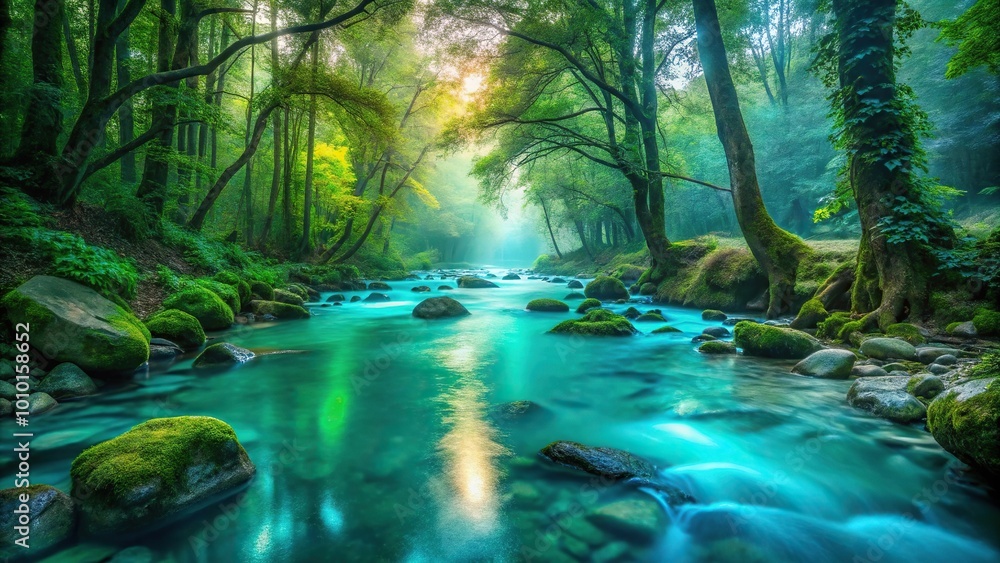 Enchanting forest stream with glowing blue light Enchanting forest stream with glowing blue light