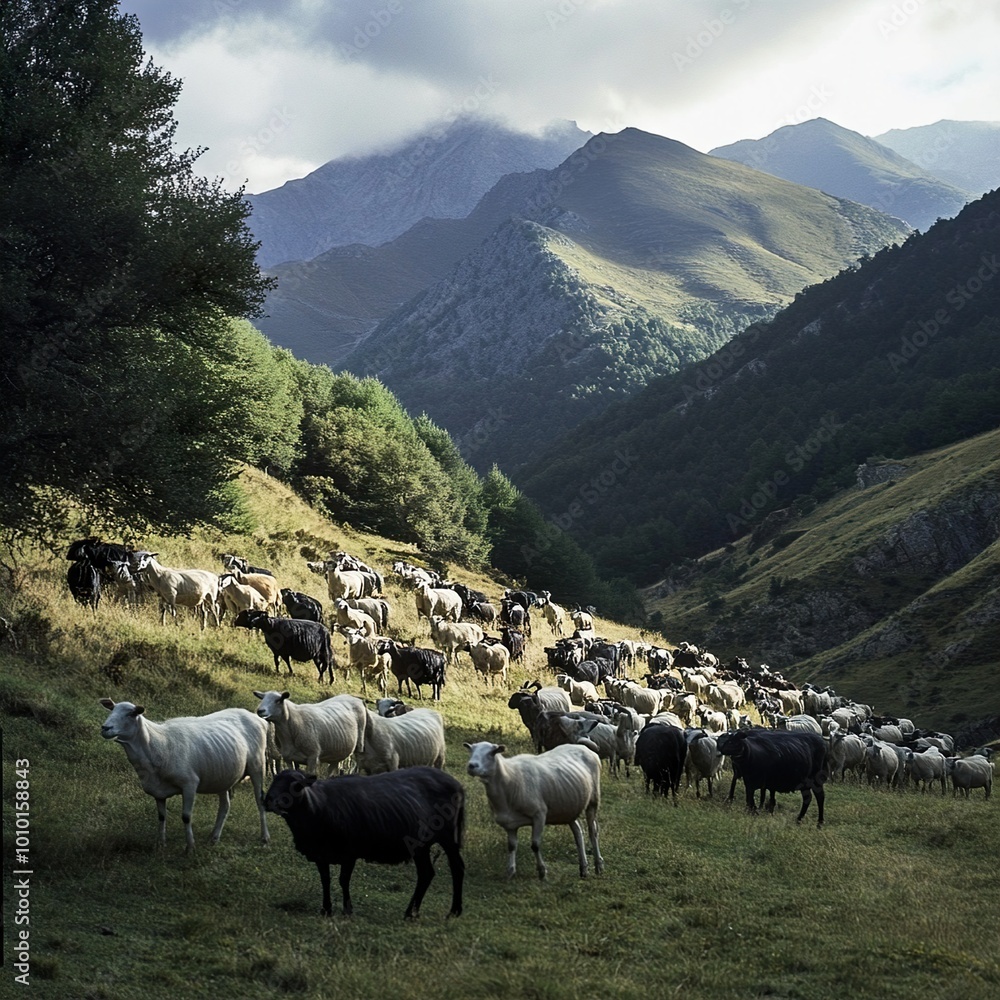 Fototapeta premium Flock of Sheep Grazing in a Mountain Valley