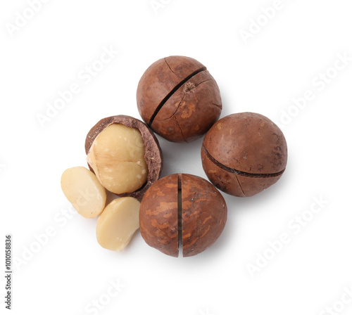 Macadamia nuts with shells isolated on white, top view