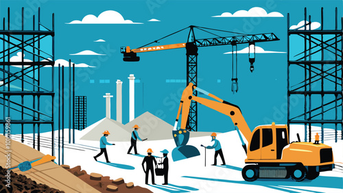 Illustration of a construction site with a crane, excavator, and workers.