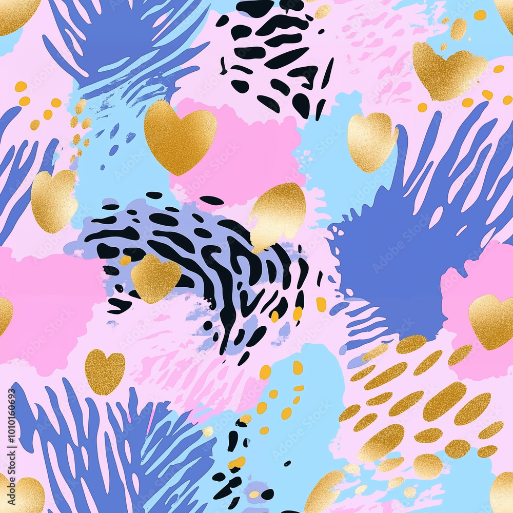 Naklejka premium Seamless chaotic leopard print. Bright grunge texture background. Wallpaper for girls. Fashion style pattern with spots, abstract shapes. Animal print