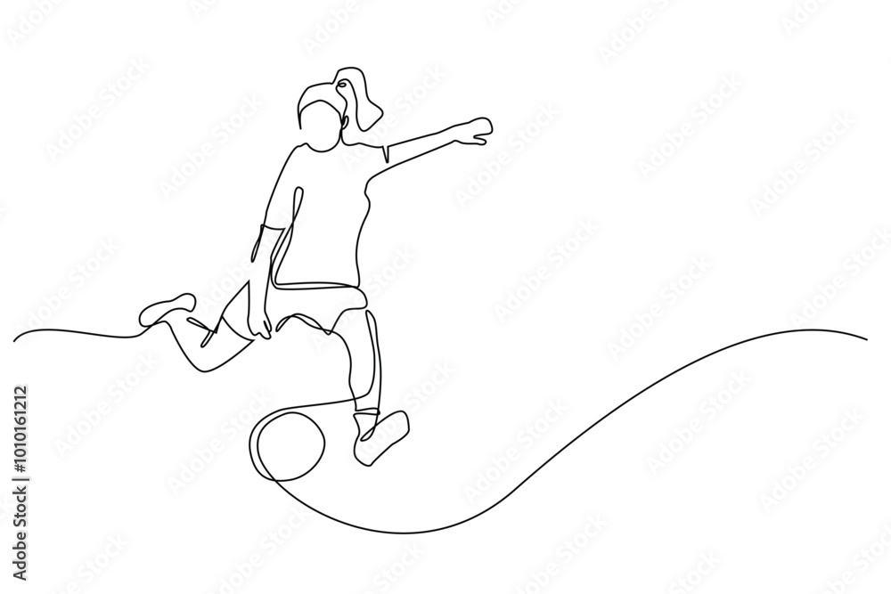 continuous line of women's soccer.single line vector of female soccer player.line art of female soccer player preparing to kick the ball.isolated white background continuous line of women's soccer.single line vector of female soccer player.line art of female soccer player preparing to kick the ball.isolated white background