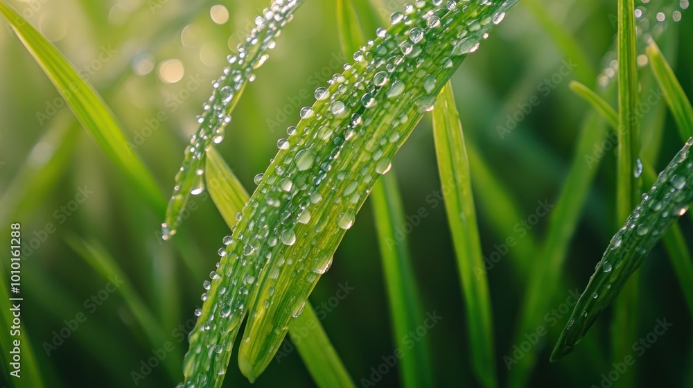 Fototapeta premium Dew Drops on Green Grass Blades