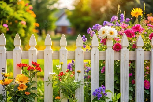 Enhance curb appeal with white picket fence and garden flowers for a picturesque yard view photo